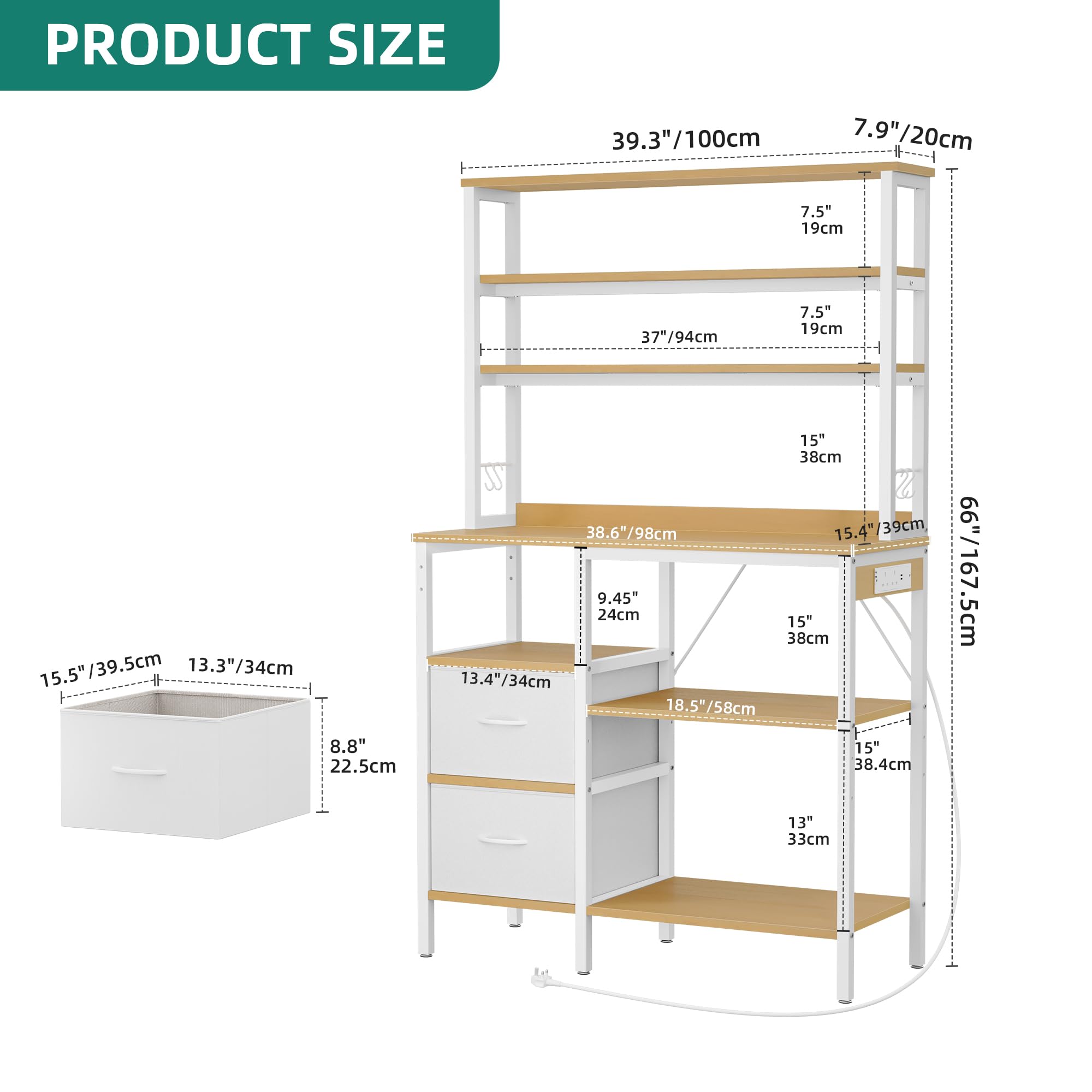 YITAHOME Bakers rack with power outlet, 2 AC outlets 2 USB ports, Coffee Bar station, Baker's Rack with 2 Drawers and 4 Hooks, microwave shelf
