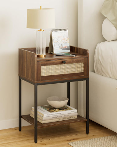 HEYZOEY Rattan Bedside Table, Walnut Modern Bedside Table with Storage Drawer and Shelf, Small Side Table for Bedroom, Living Room, Walnut Rattan