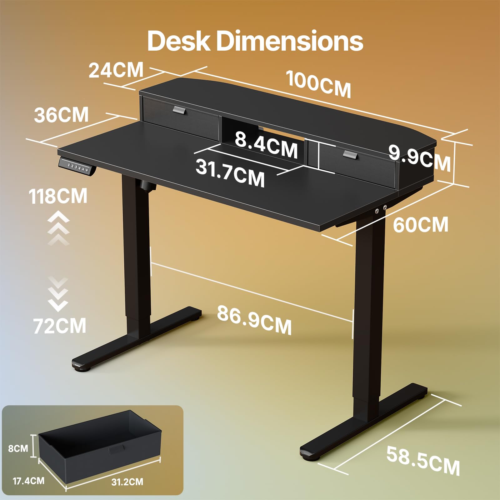 HUANUO Standing Desk with Drawers, 100x60cm, Black