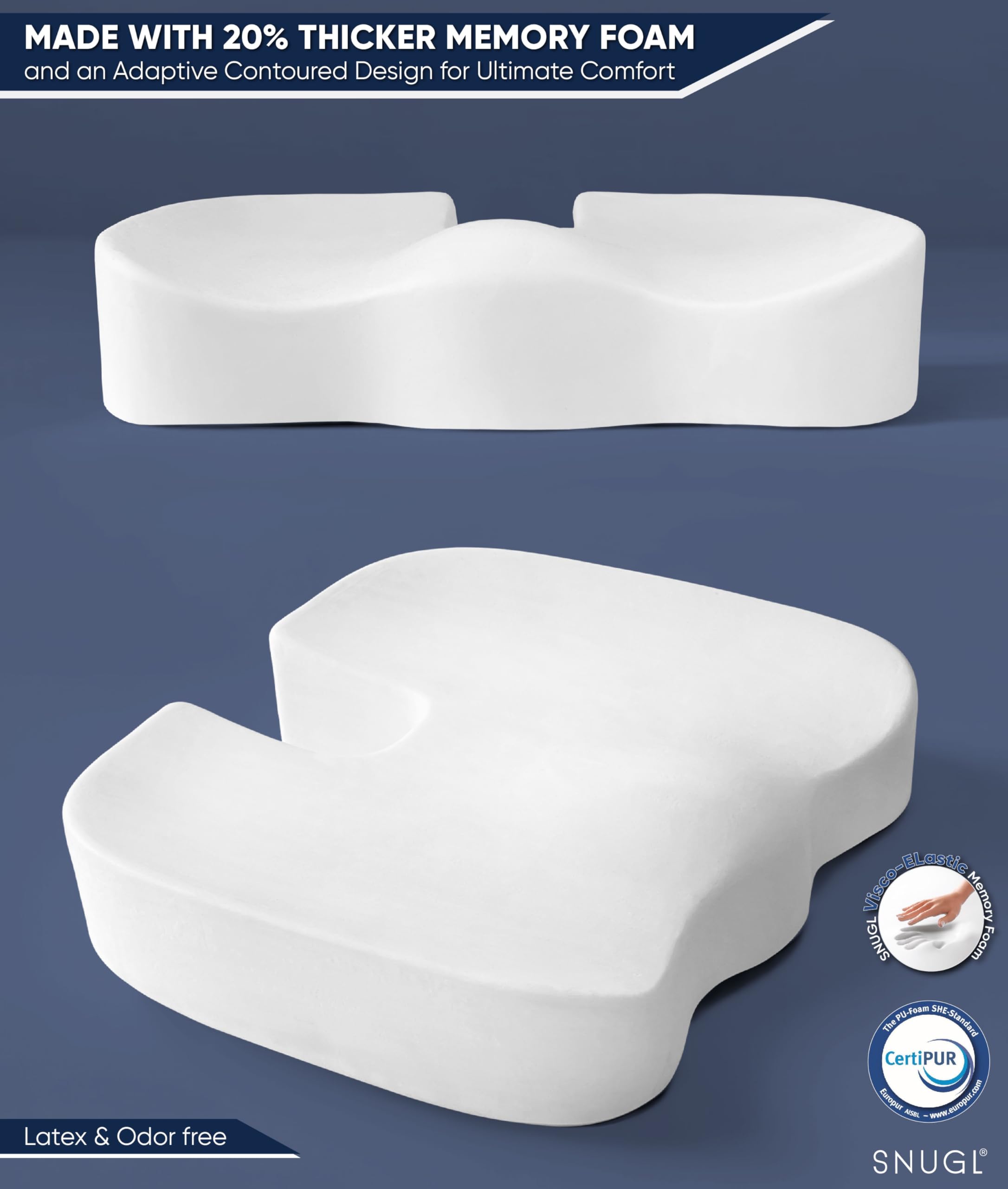 SNUGL Coccyx Seat Cushion – Orthopedic Memory Foam Pillow for Desk Chair, Gaming, Wheelchair, Car Seat, Postpartum & Pregnancy, Hemorrhoids Treatment