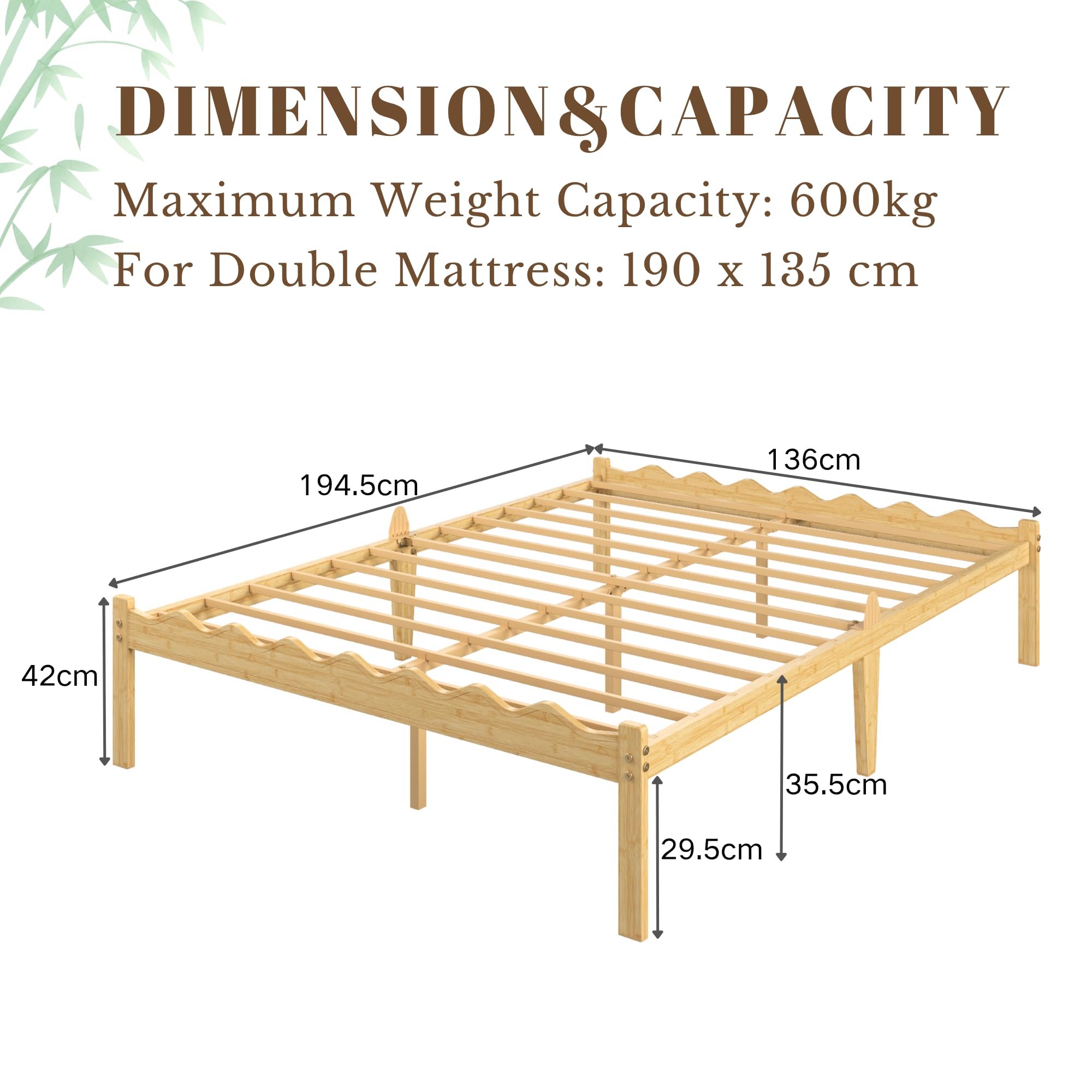 Hunlostten Wooden Double Bed Frame - Modern Style Bamboo Wood Bed Frame with Headboard and Footboard Underbed Storage Slats Support Easy to Install