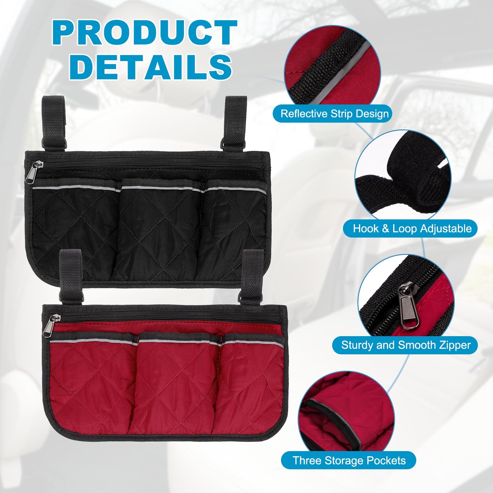 YELARXI Beach Chair Armrest Bag, Beach Side Bag Hanging Storage Organizer with Reflective 4 Pockets Waterproof Pouch 13 x 7" & 2Pcs & Black/Red
