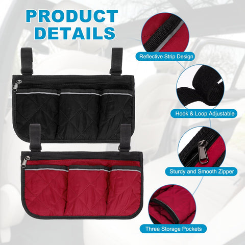 YELARXI Beach Chair Armrest Bag, Beach Side Bag Hanging Storage Organizer with Reflective 4 Pockets Waterproof Pouch 13 x 7" & 2Pcs & Black/Red