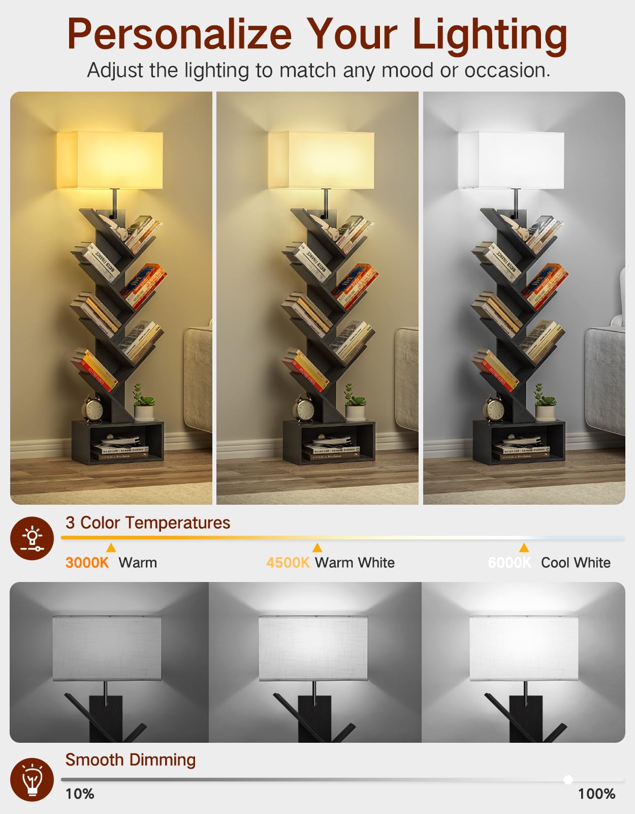 OUTONLIFE 6 Tier Tree Bookshelf with Light & Remote, Small Bookcase with Storage Cabinet, Modern Corner Bookshelves Organizer