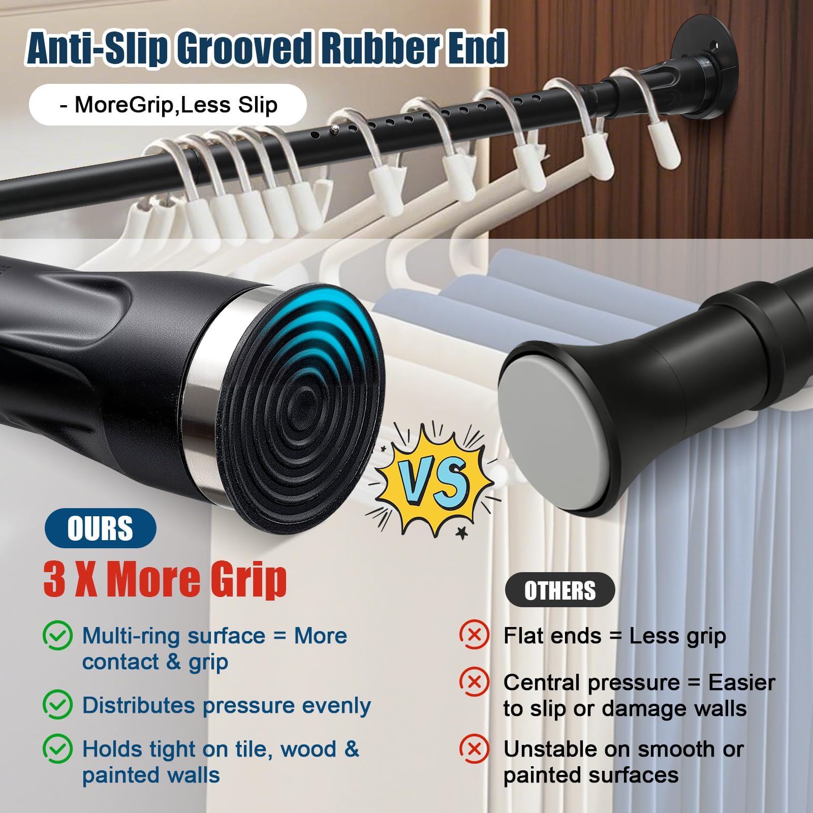 Sturdy Stainless Steel Shower Curtain Rail, Adjustable from 107 to 183 cm, 3-in-1 Installation without Drilling (Gluing, Screws or Clamps)