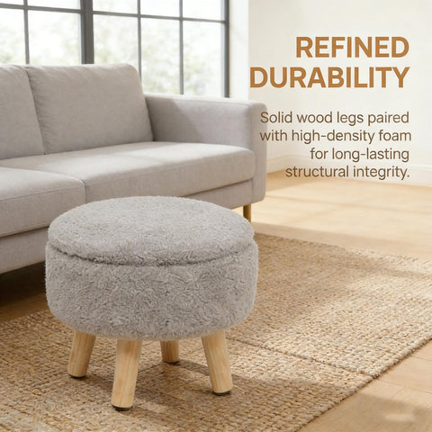 13 Inch Round Storage Stool With Lid, Teddy Fleece Footstool With Storage, Padded Pouffe With Solid Wood Legs
