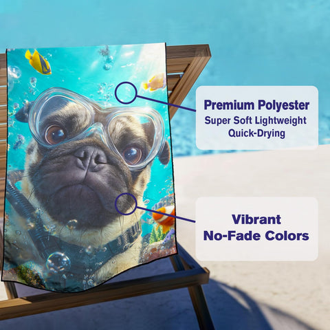 Violetpos Scuba Pug Group Beach Towel for Dog Lovers, Extra Large 180x90 cm 250GSM Microfibre, Sand Free Quick Dry