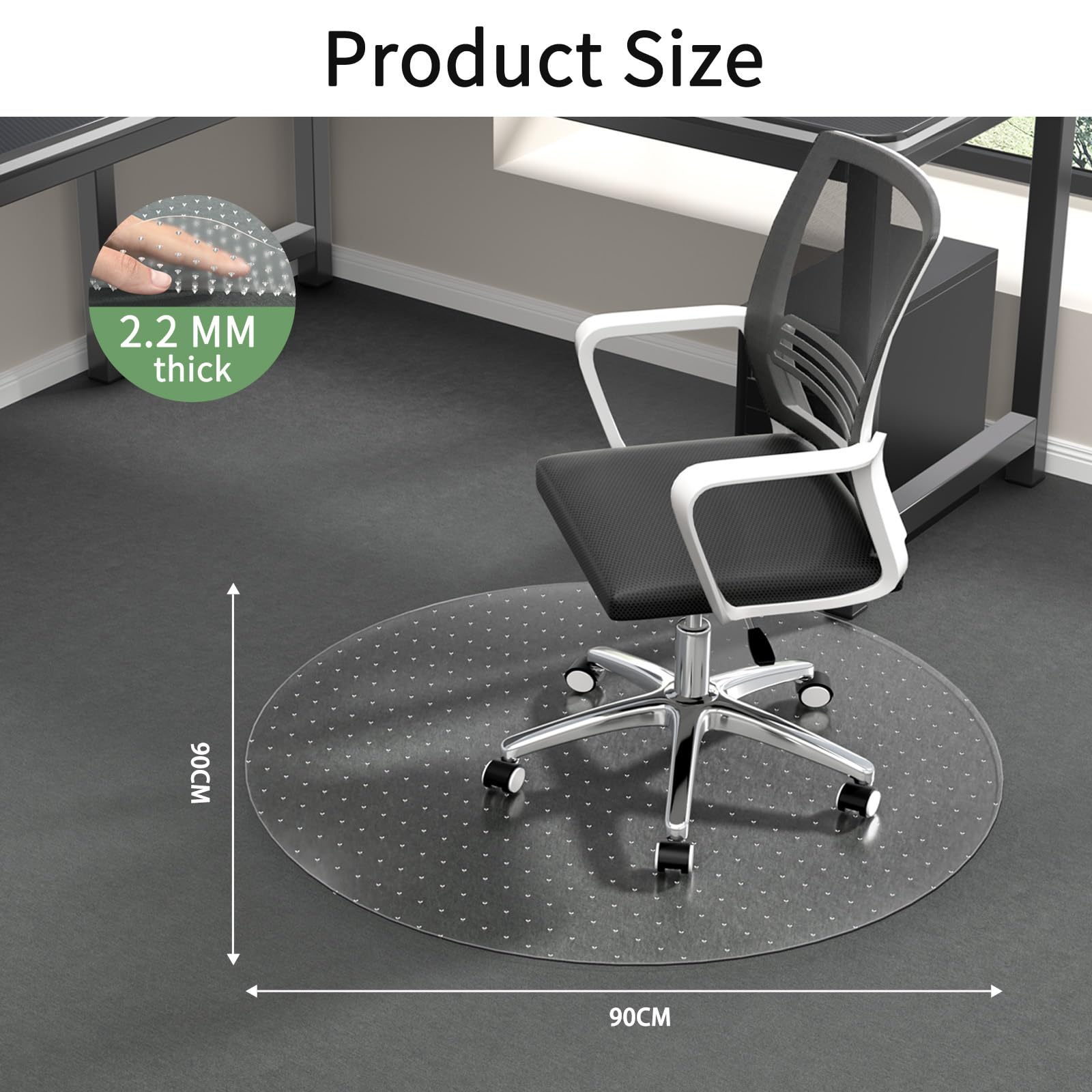 WASJOYE Office Chair Mat for Carpet, 90x90 cm Round Floor Protectors Mats, PVC Carpet Protector Mat with Non-Slip Studded