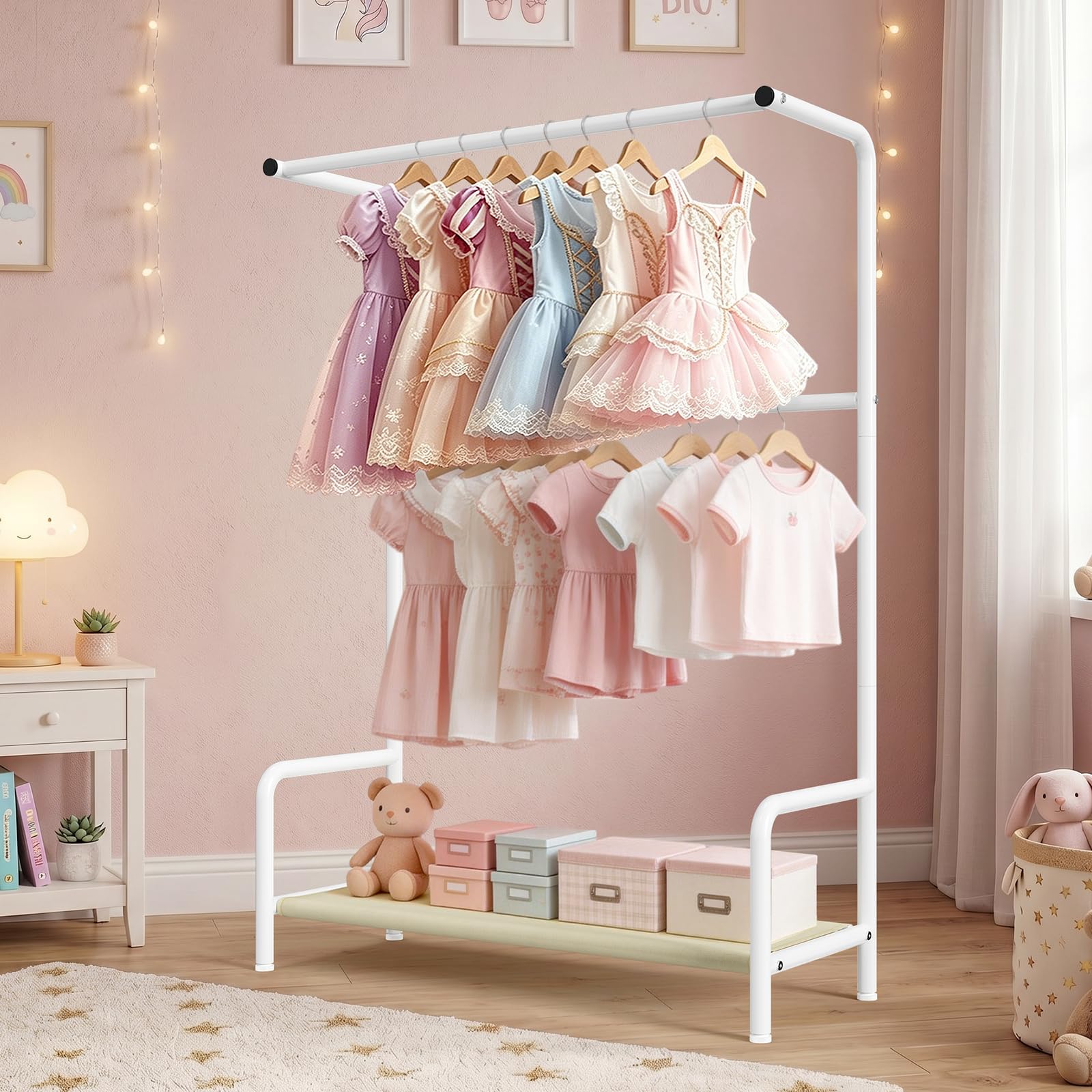 KEEGH Double Rod Kids Clothes Rail with Storage Shelf for Bedroom Playroom
