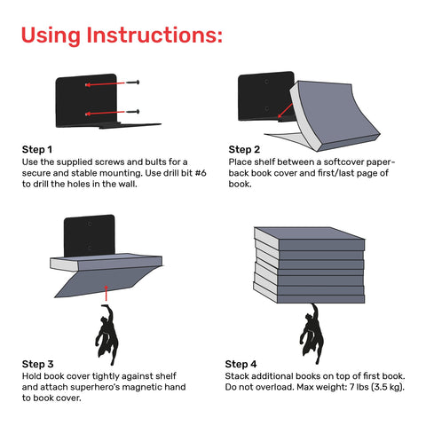 Artori Design Supershelf | Black Metal Superhero Floating Bookshelf | Concealed | Hidden Shelf | Unique Book Shelves | Gifts for Geeks