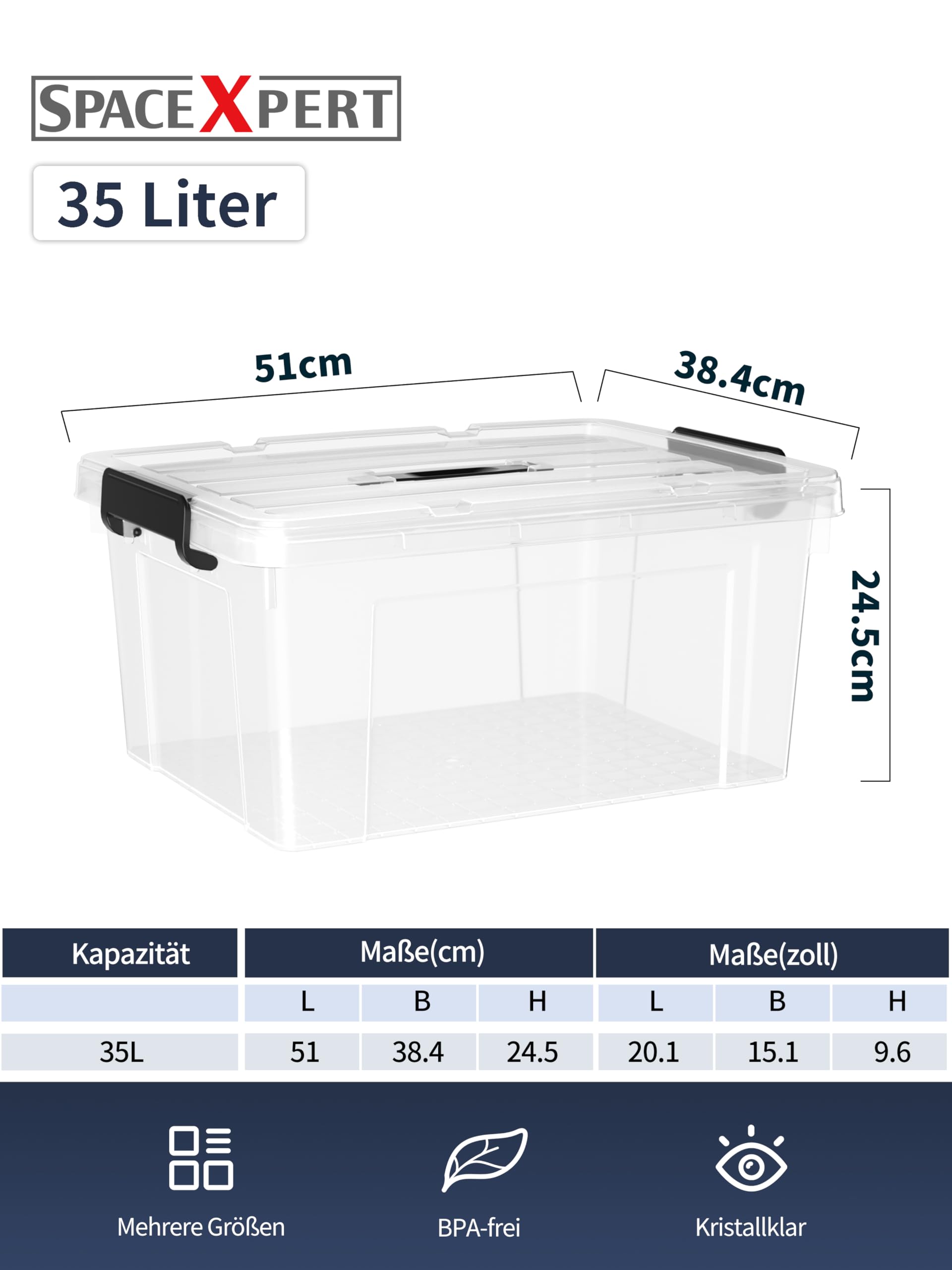 SpaceXpert Storage Boxes with Lid 35L, Plastic Storage Box with Handle, Stackable Container for Home Office Garage Accessories, Hand-Carryable Bin