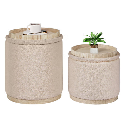 Bonlife Set of 2 Round Ottoman with Tray, Vanity Stool with Storage