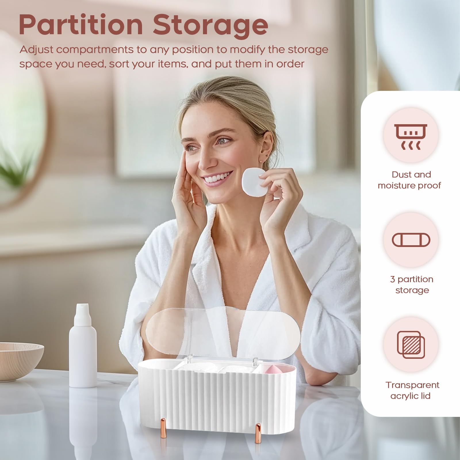 PCKOBEVER Makeup Pads Container, Cotton Swab Holder, Pad Dispenser With 3 Compartments, Storage With Lid, Makeup Organiser