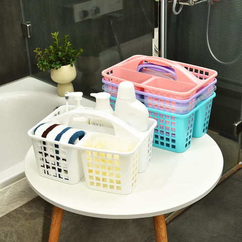 ALINK Plastic Shower Caddy Basket with Compartments, Portable Divided Cleaning Supply Storage Organizer with Handle for College Dorm Bathroom-Grey