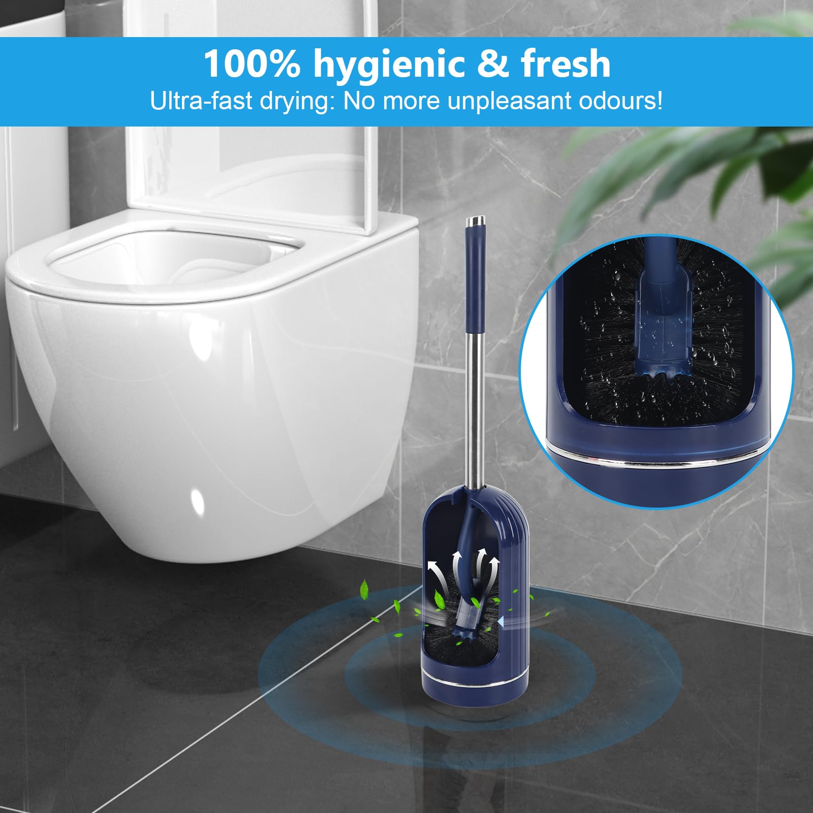 2 Pack Toilet Brush and Holder Set, Curved, Replacement Heads Navy Blue