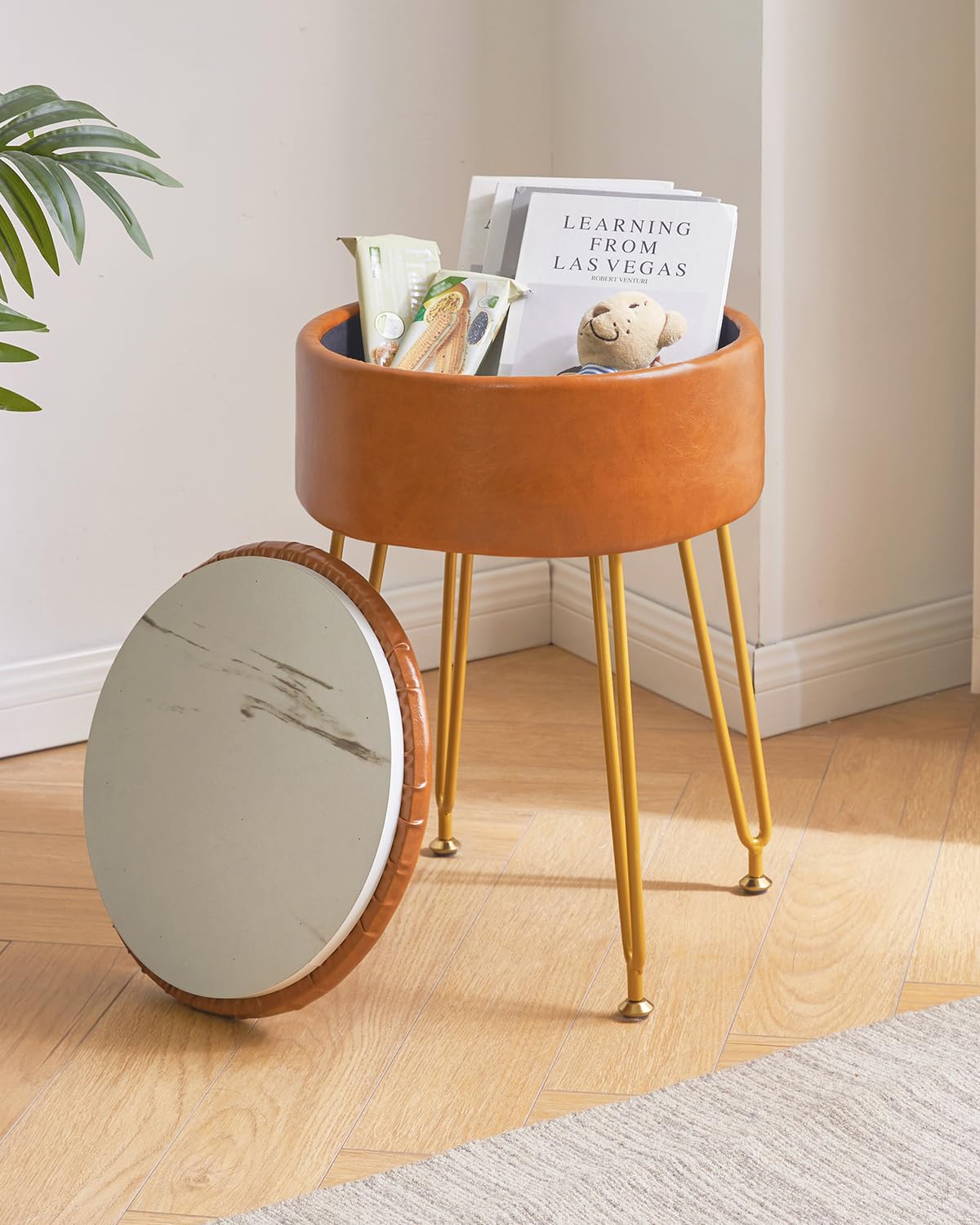 IBUYKE Faux Leather Round Footrest Stool with Storage, Light Brown WBD024J