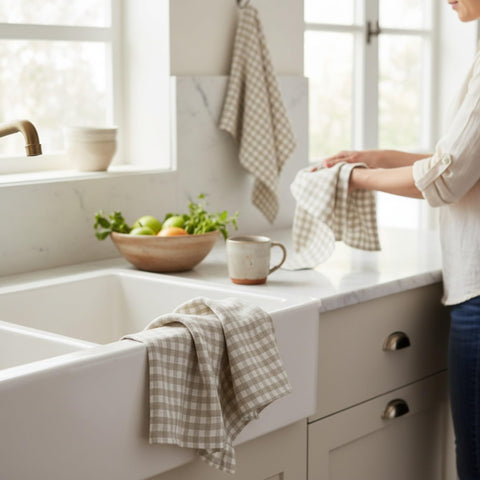 Eight Owls Stonewashed Linen Kitchen Dish Towels – 50 x 68 cm – 100% Pure Linen Tea Towel/Hand Towel - set of 2 (Natural Check)