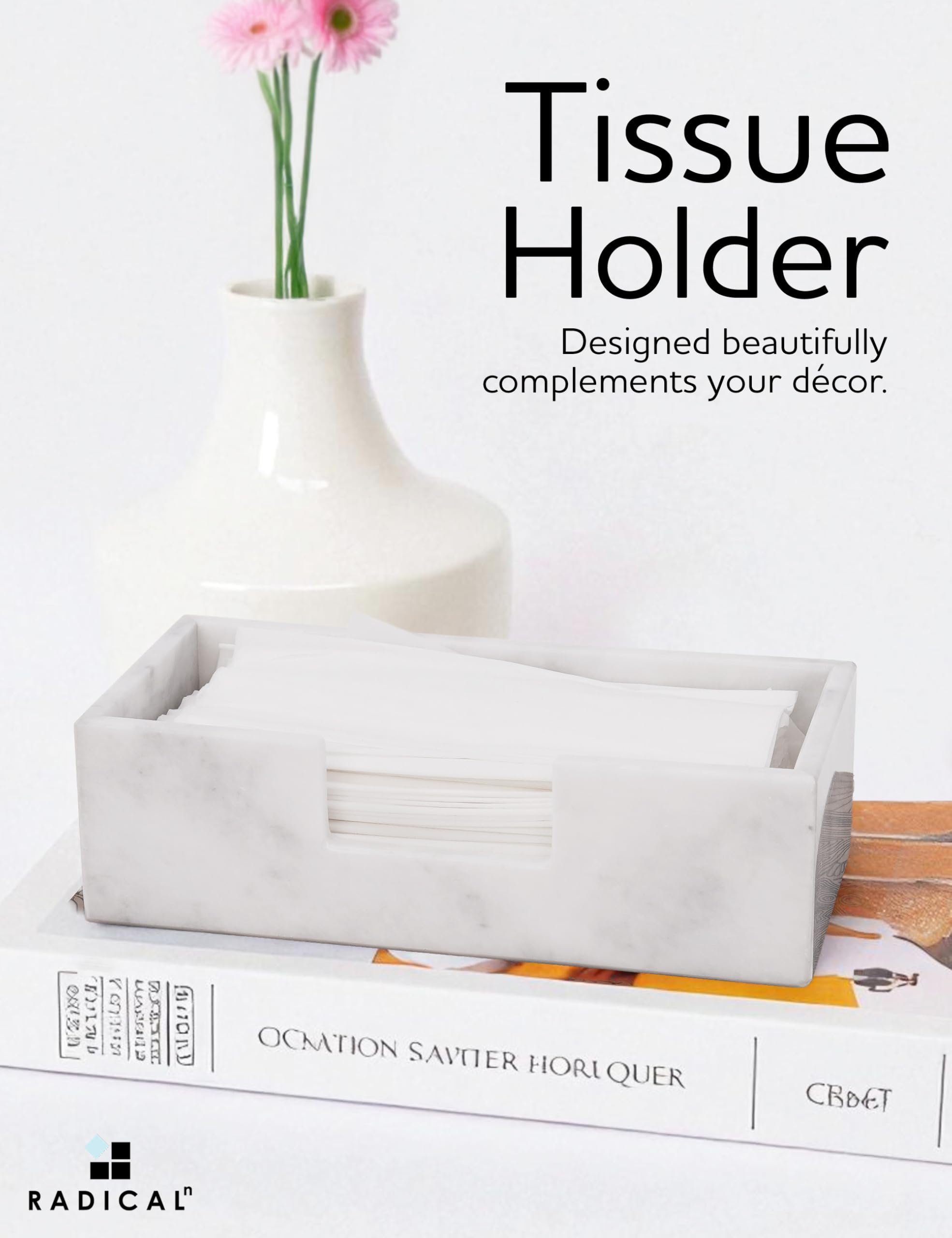 Radicaln Marble Tissue Holder Box 10" Inches White Handmade Luxury Paper Tissue for Bathroom, Coffee Table, Vanity & Office Desk Accessories
