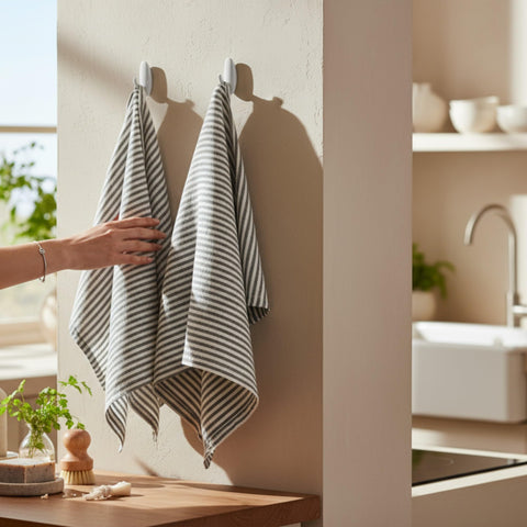 Eight Owls Stonewashed Linen Kitchen Dish Towels – 50 x 68 cm – 100% Pure Linen Tea Towel/Hand Towel - set of 2 (Charcoal Stripe)