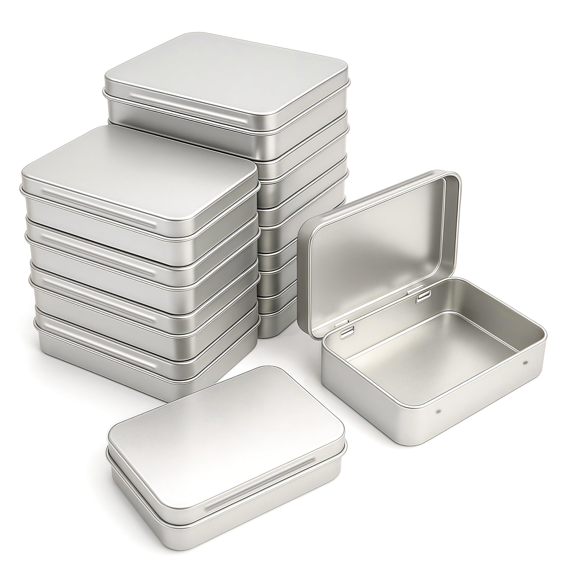 Forever bene 12 Silver Metal Tins with Hinged Lids, 12 Pieces, Silver, each piece measures 11,5 × 8,5 × 2,2 cm