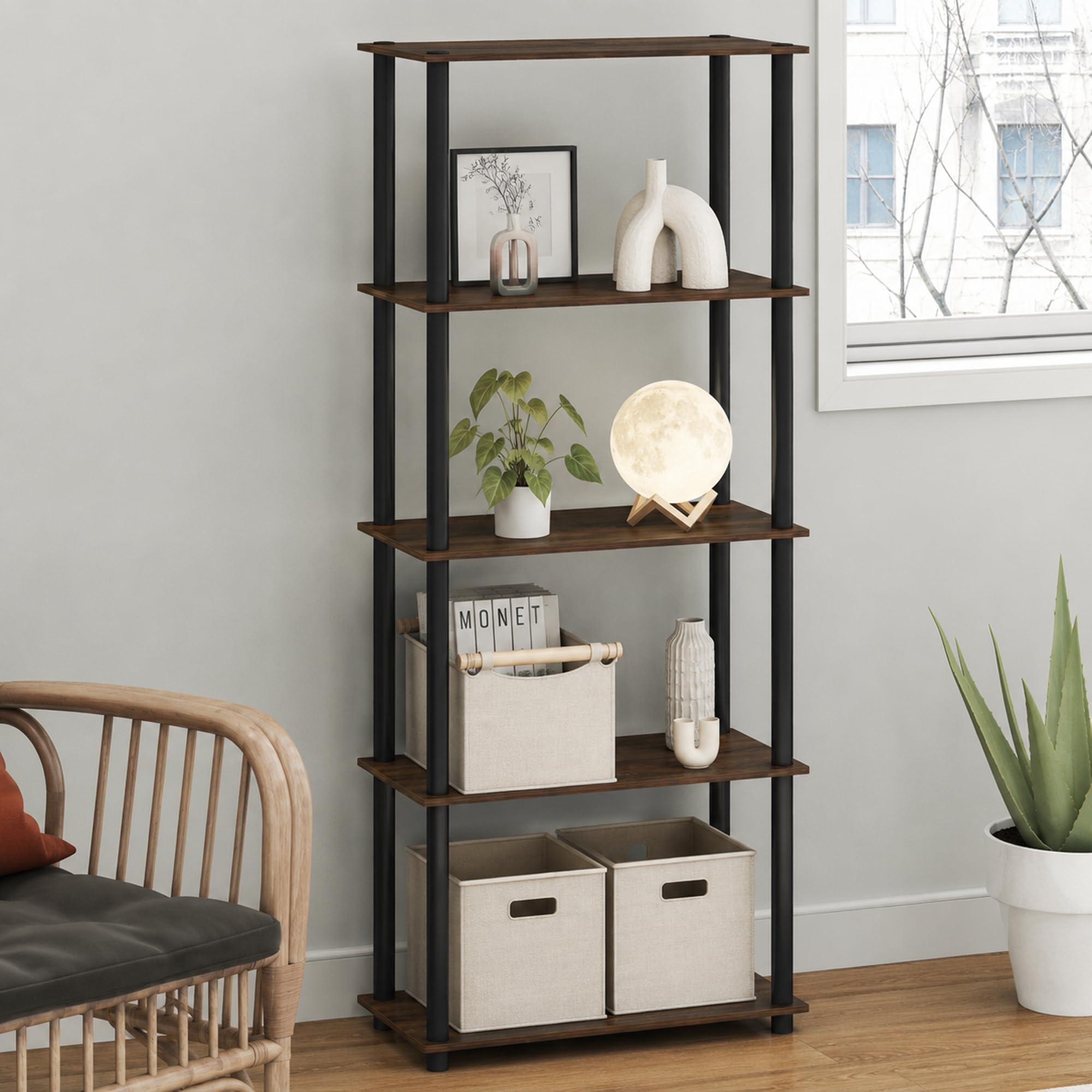 Furinno TURN-N-TUBE Toolless Assembly 5-Tier Storage Shelves, Black Book Shelf, Open Storage Bookshelf, for Organization and Storage, Living Room