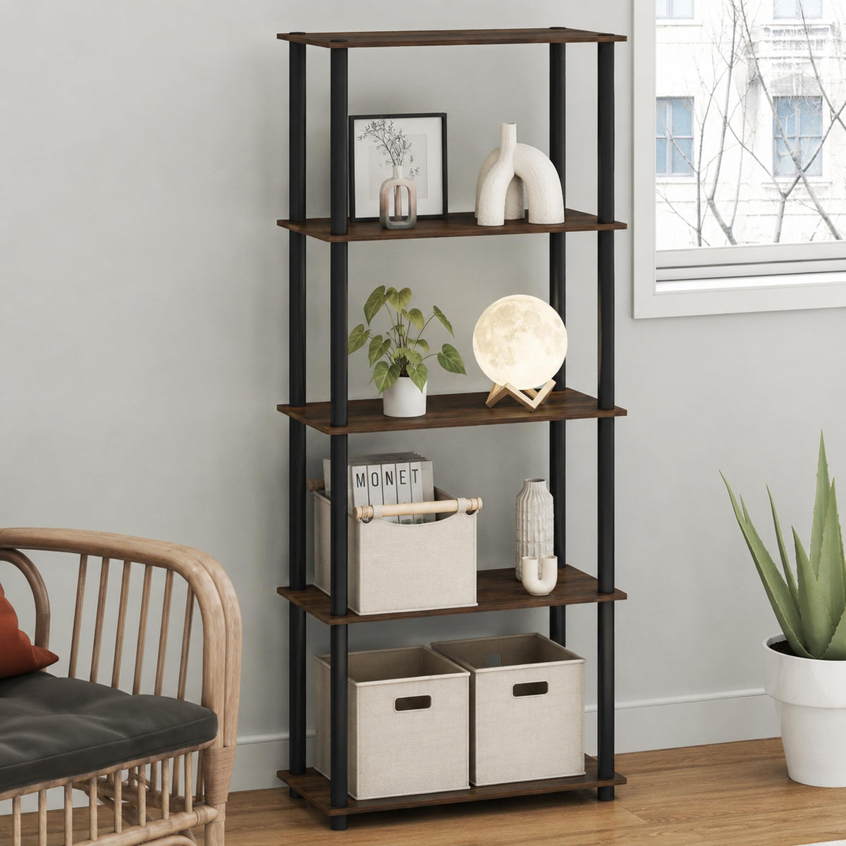 Furinno TURN-N-TUBE Toolless Assembly 5-Tier Storage Shelves, Black Book Shelf, Open Storage Bookshelf, for Organization and Storage, Living Room