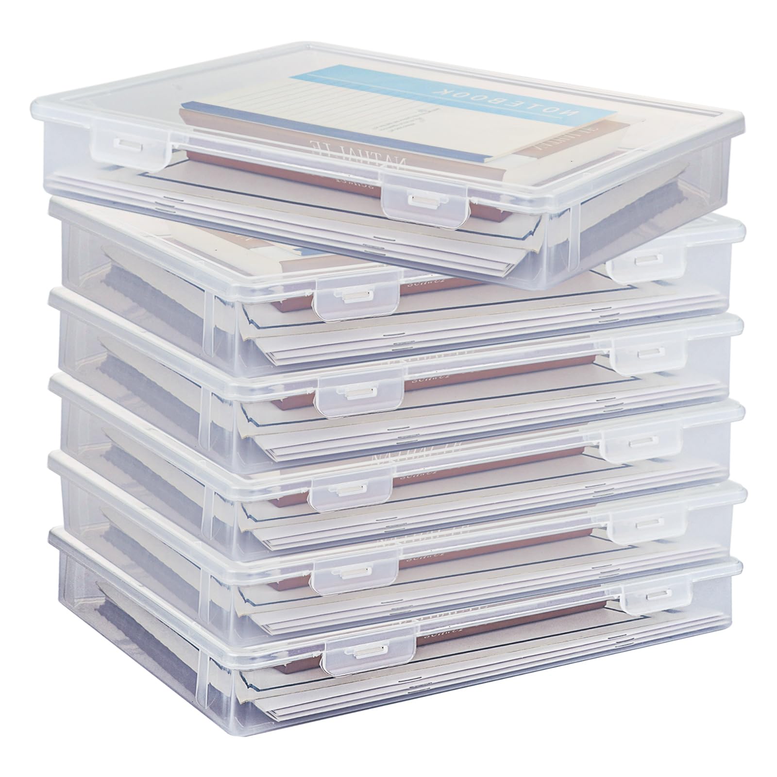 WOPPLXY 6 PCS Plastic A4 Storage Boxes with Lids, Clear A4 File Portable Project Case Organiser, Stackable File Paper Box for Document, Stationery