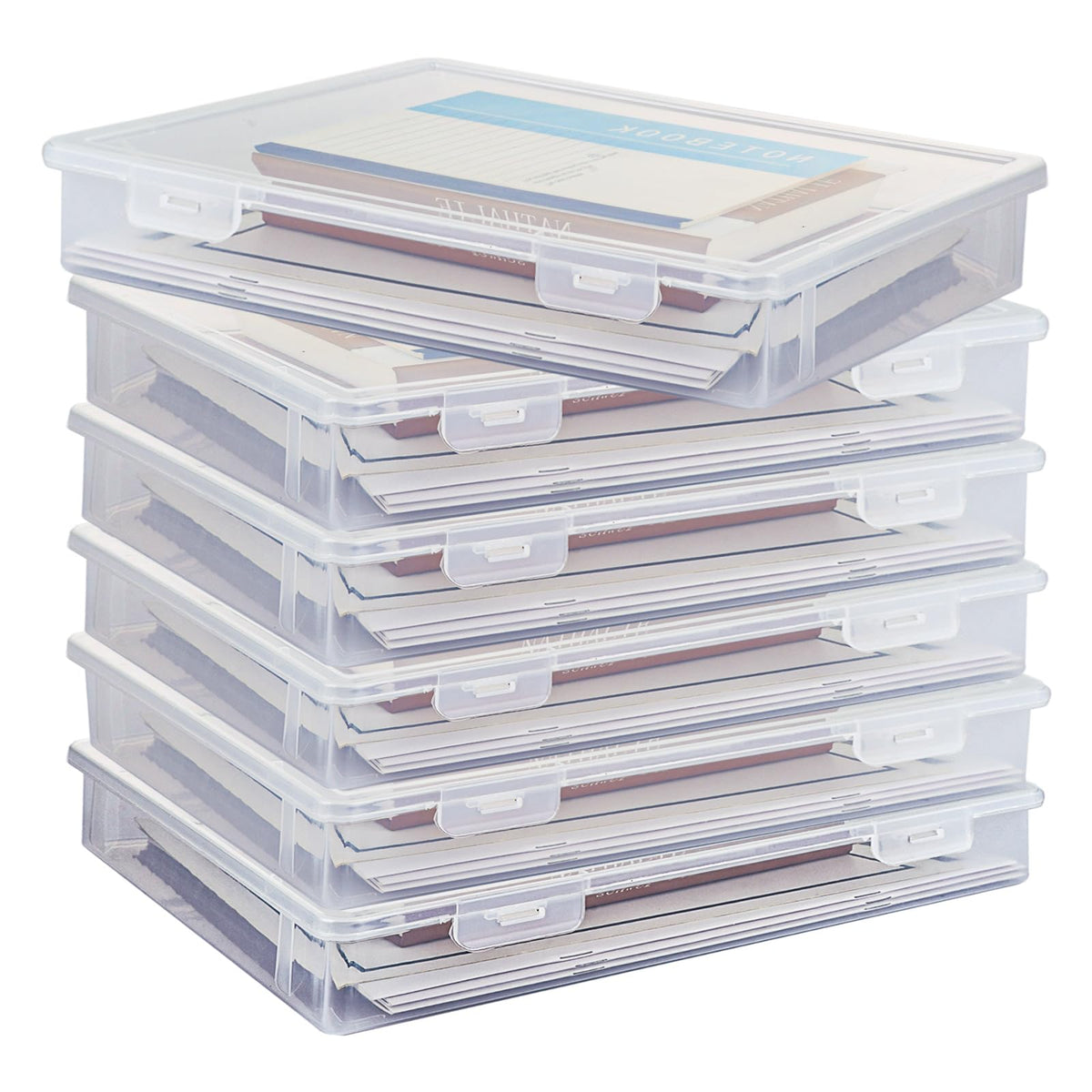 WOPPLXY 6 PCS Plastic A4 Storage Boxes with Lids, Clear A4 File Portable Project Case Organiser, Stackable File Paper Box for Document, Stationery
