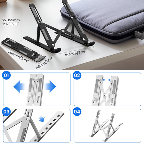 GrandMil Adjustable Laptop Stand for Desk – Foldable & Portable ABS+Silicone Riser, Ventilated Cooling Holder for 10-17.3” Laptops & Tablets (Black)