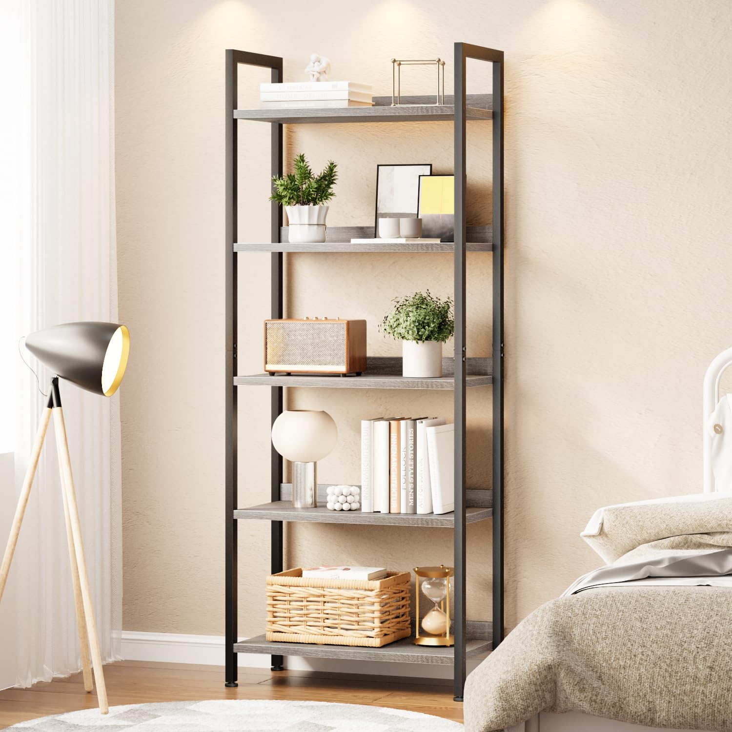 APPOLYN 5 Tier Bookshelf, Open-shelf Bookcase with Backboard, Grey