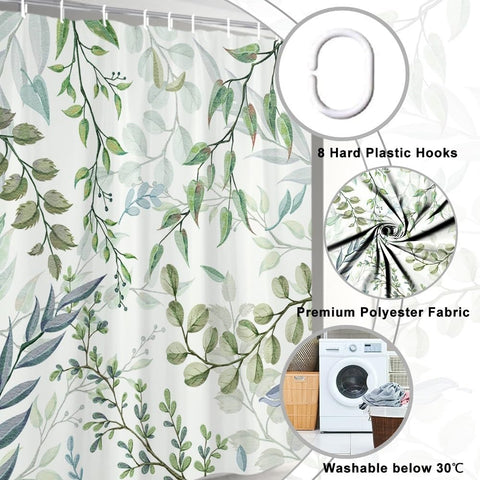 Uiiooazy Eucalyptus Shower Curtain, Green Blue Leaves Pattern Bath Curtain Mildew and Mould Resistant Waterproof Polyester Fabric Washable Opaque