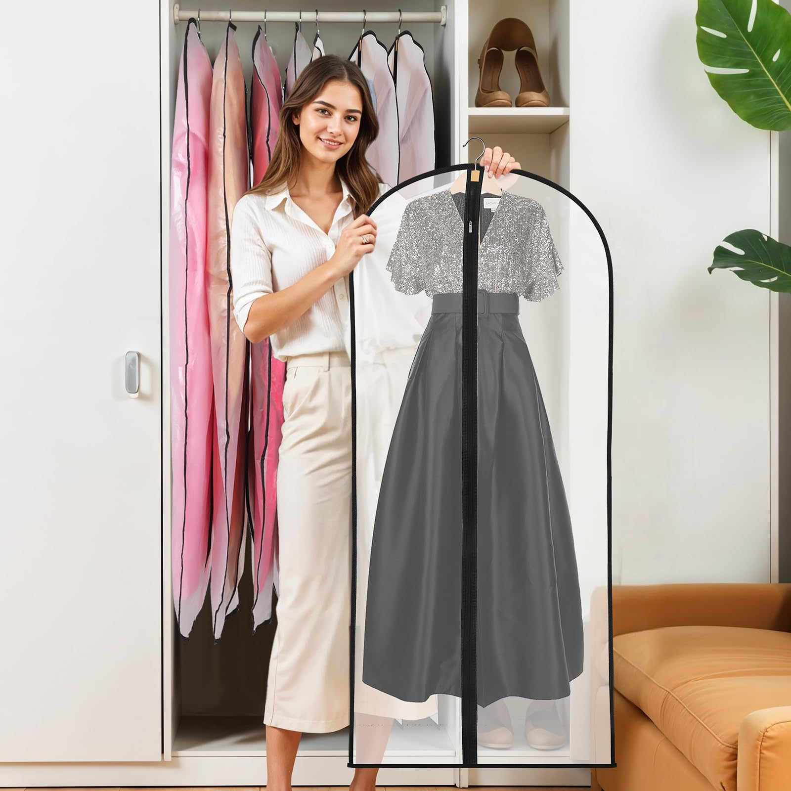 12 Pack Dress Bags Covers Long, 55in PEVA Garment Bags Suit Bags,Black Edge