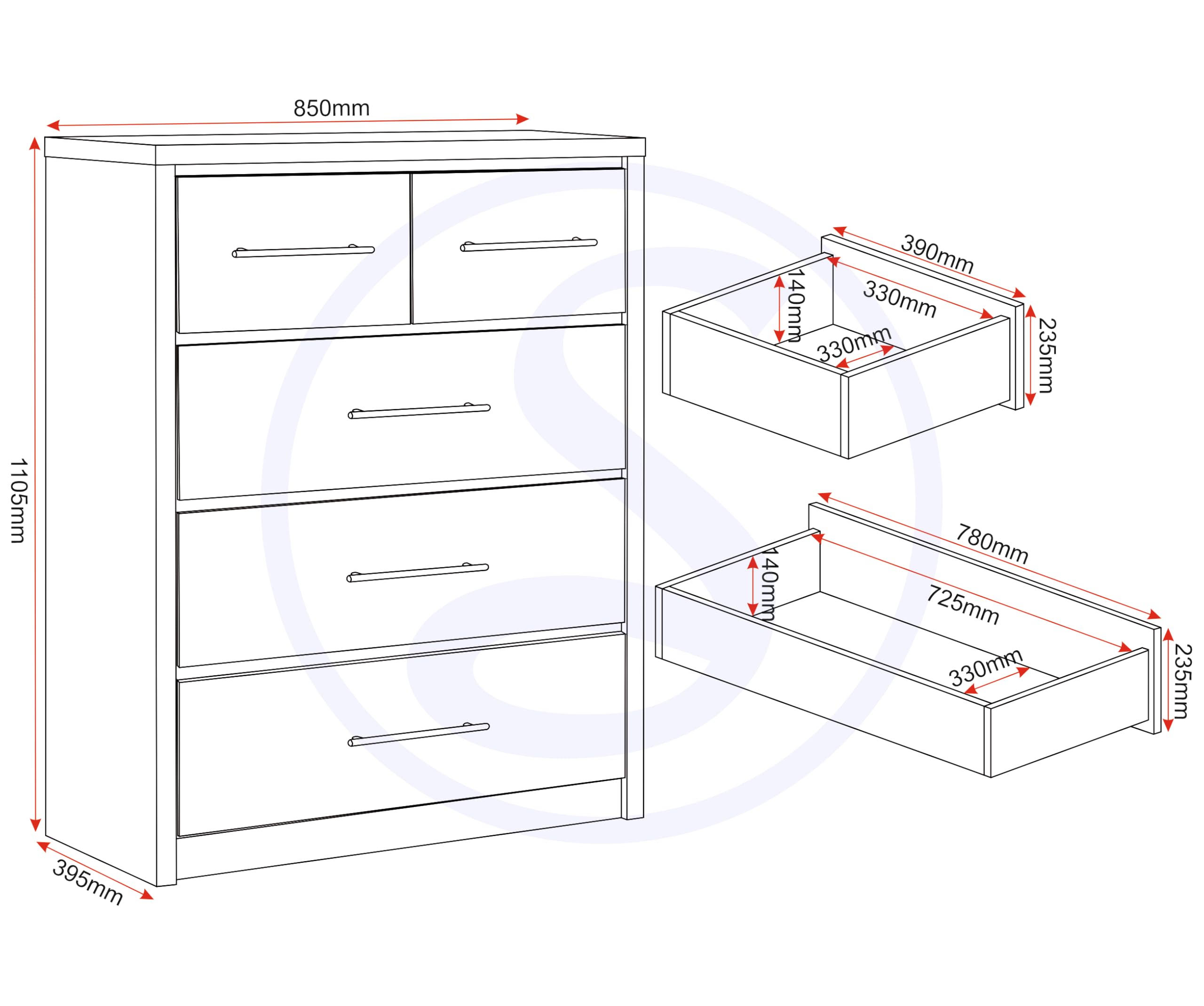 Seconique Seville 3+2 Drawer Chest in White Gloss/Light Oak Effect Veneer