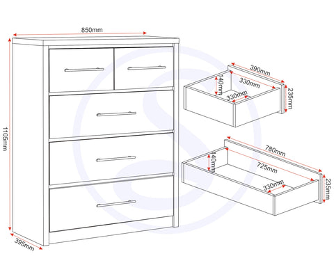 Seconique Seville 3+2 Drawer Chest in White Gloss/Light Oak Effect Veneer