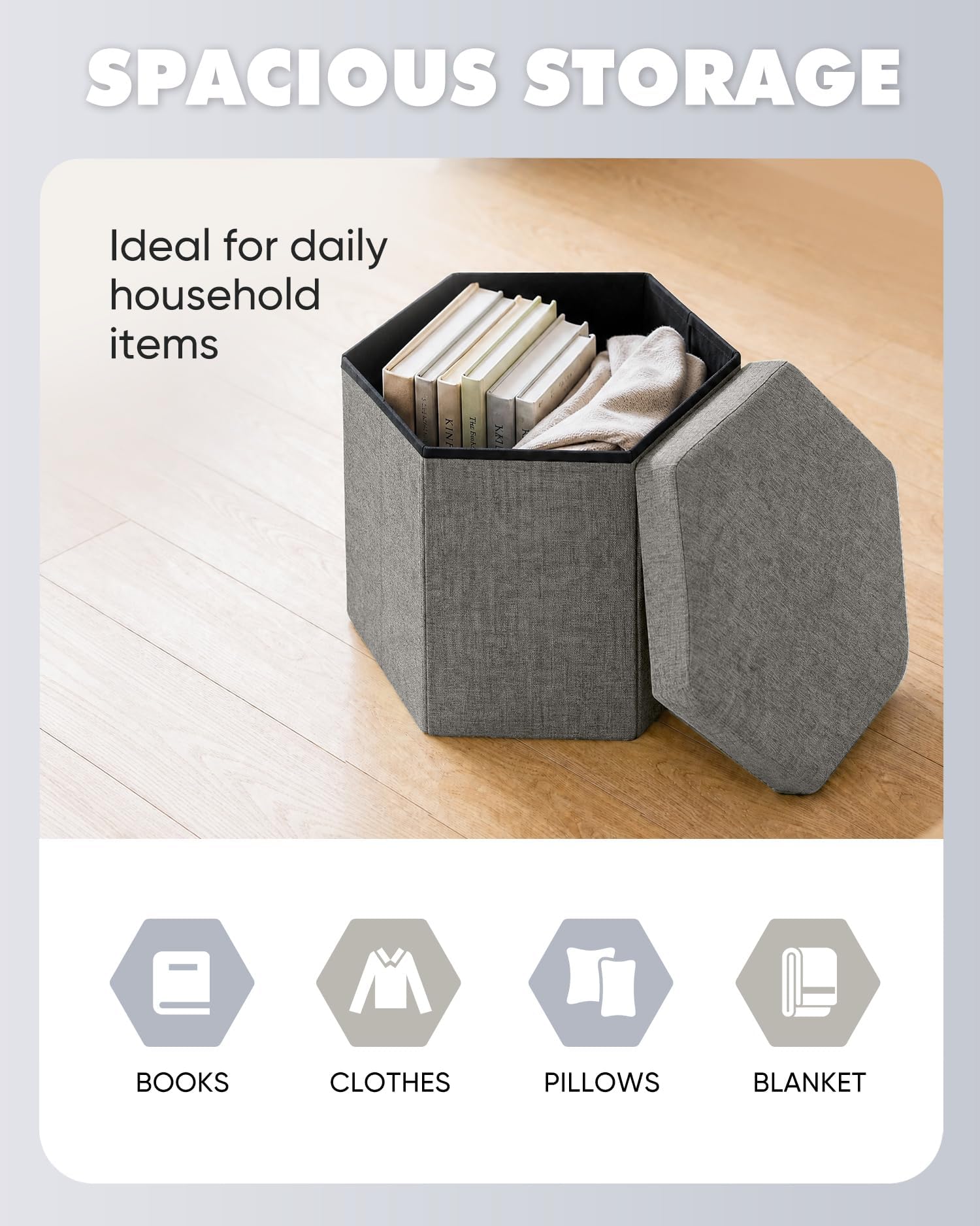 Bonlife Folding Storage Ottoman Hexagonal, Footrest with Toy Ches Box, 43cm