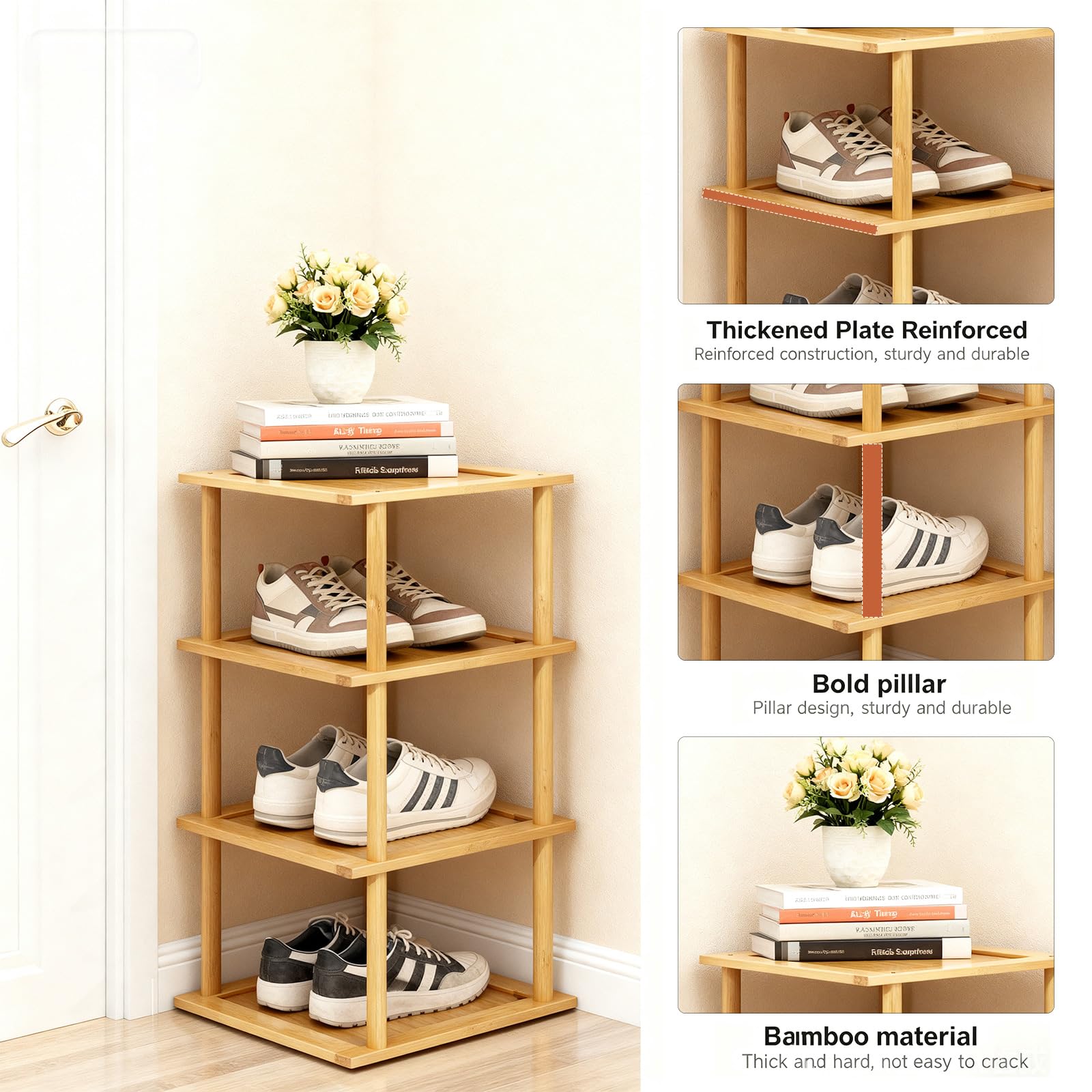 Aniston 4 Tier Small Shoe Rack Bamboo, Free Standing Slim Narrow Shoe Storage, Vertical Tall Shoe Shelf Organiser for Garage, Closet, Doorway, Corner