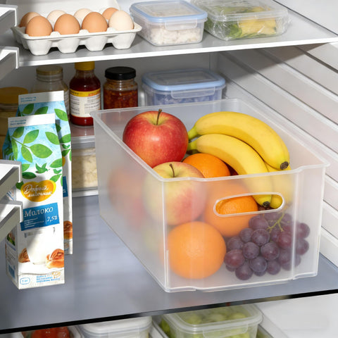 Lesbye Set of 6 Plastic Stackable Fridge Storage Baskets, Freezer Bin Organiser, Matte Transparent