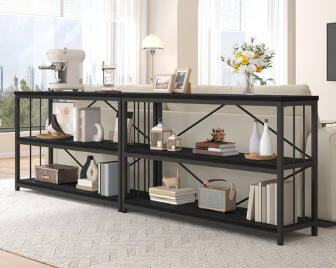 IBF Low Horizontal Book Shelf, Industrial Modern 3 Tier Bookshelf, Farmhouse Short Open Storage Organizer Long Shelf