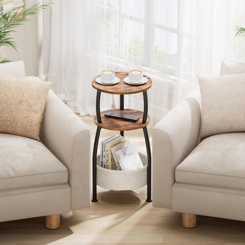Yuede Round Side Table, 3 Tier Bedside Table, Small End Table with Fabric Basket, Coffee Table for Living Room, Bed Room, Small Space, Easy Assembly