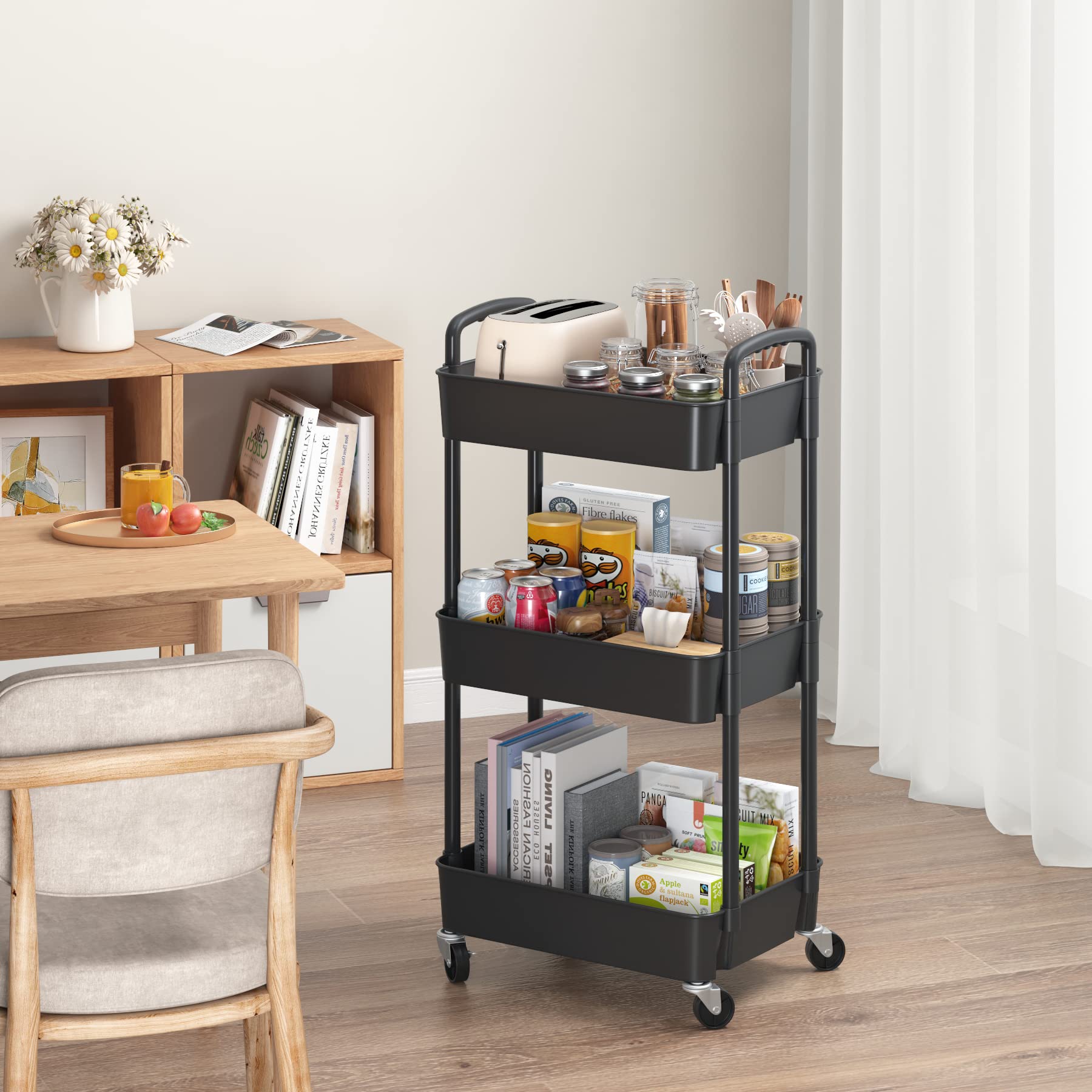 Sywhitta 3-tier Plastic Storage Trolley on Wheels, Kitchen Storage Utility Cart, Rolling Storage Rack for Bedroom, Bathroom, Office, Black