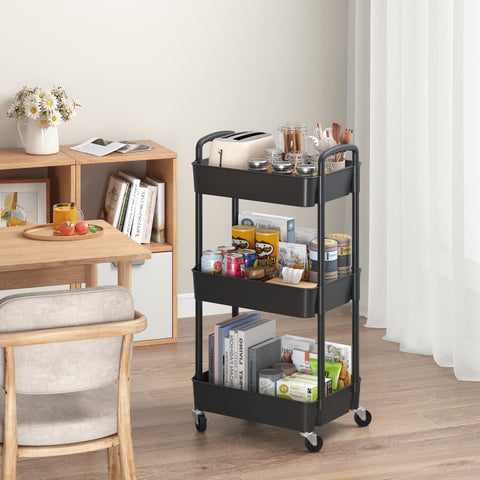 Sywhitta 3-tier Plastic Storage Trolley on Wheels, Kitchen Storage Utility Cart, Rolling Storage Rack for Bedroom, Bathroom, Office, Black