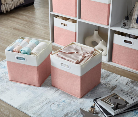 SOCOHOME Fabric Cube Storage Boxes, 30x30x30cm Foldable Storage Baskets for Shelf Nursery Closet(Pink/White, Set of 4)