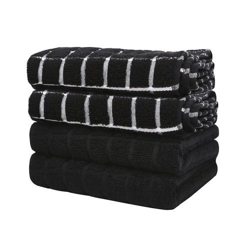 samsto Kitchen Towels Cotton Black - Tea Towels Absorbent - Thick Dish Hand Towels for Kitchen with Hanging Loops, 45x65cm, 4 Pack