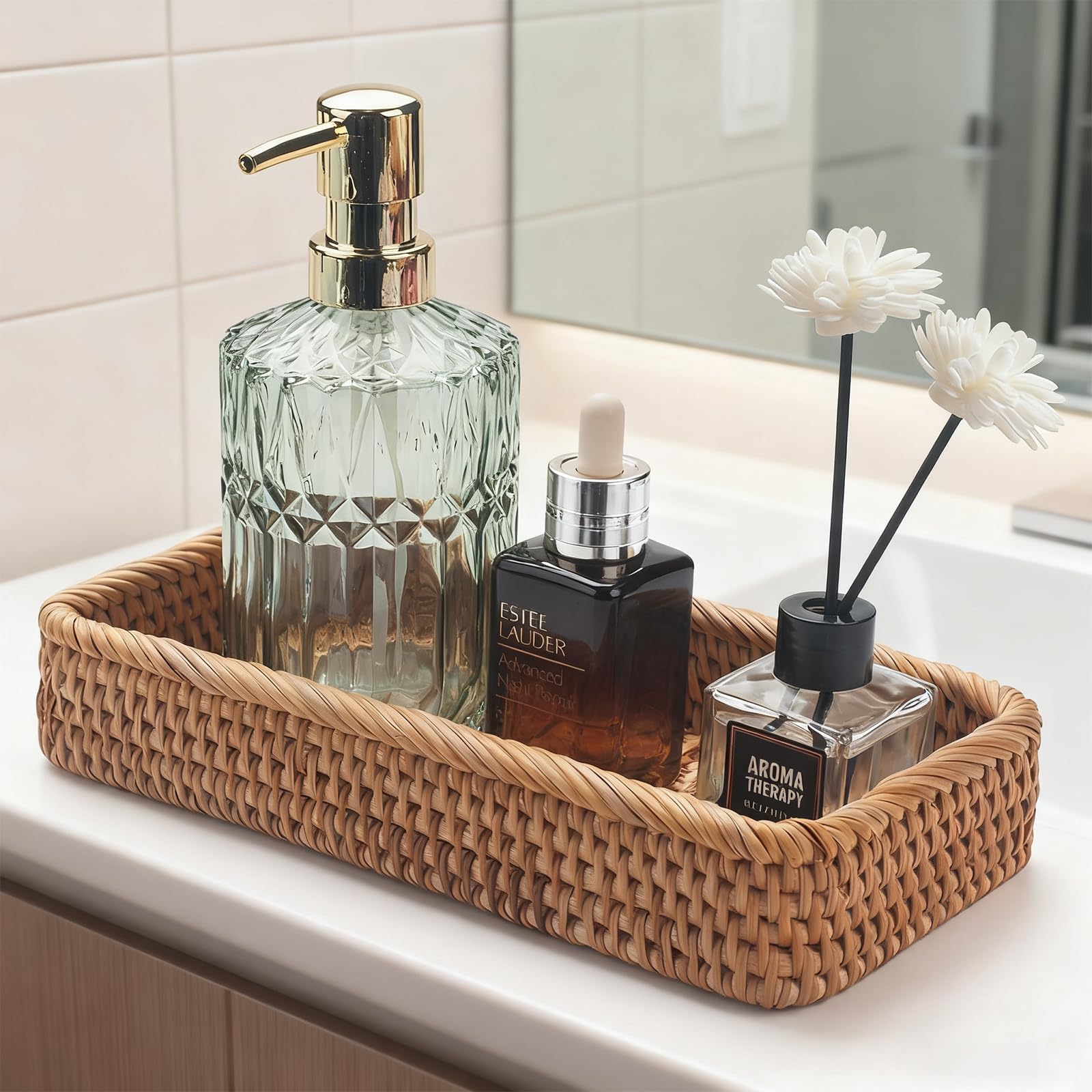 Alriedy 1 PCS Rattan Wicker Tray Basket Narrow Storage Tray Organizer, Rectangular Small Rattan Basket – Stylish Durable Organizer for Bathroom