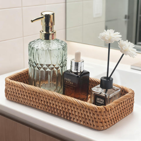 Alriedy 1 PCS Rattan Wicker Tray Basket Narrow Storage Tray Organizer, Rectangular Small Rattan Basket – Stylish Durable Organizer for Bathroom