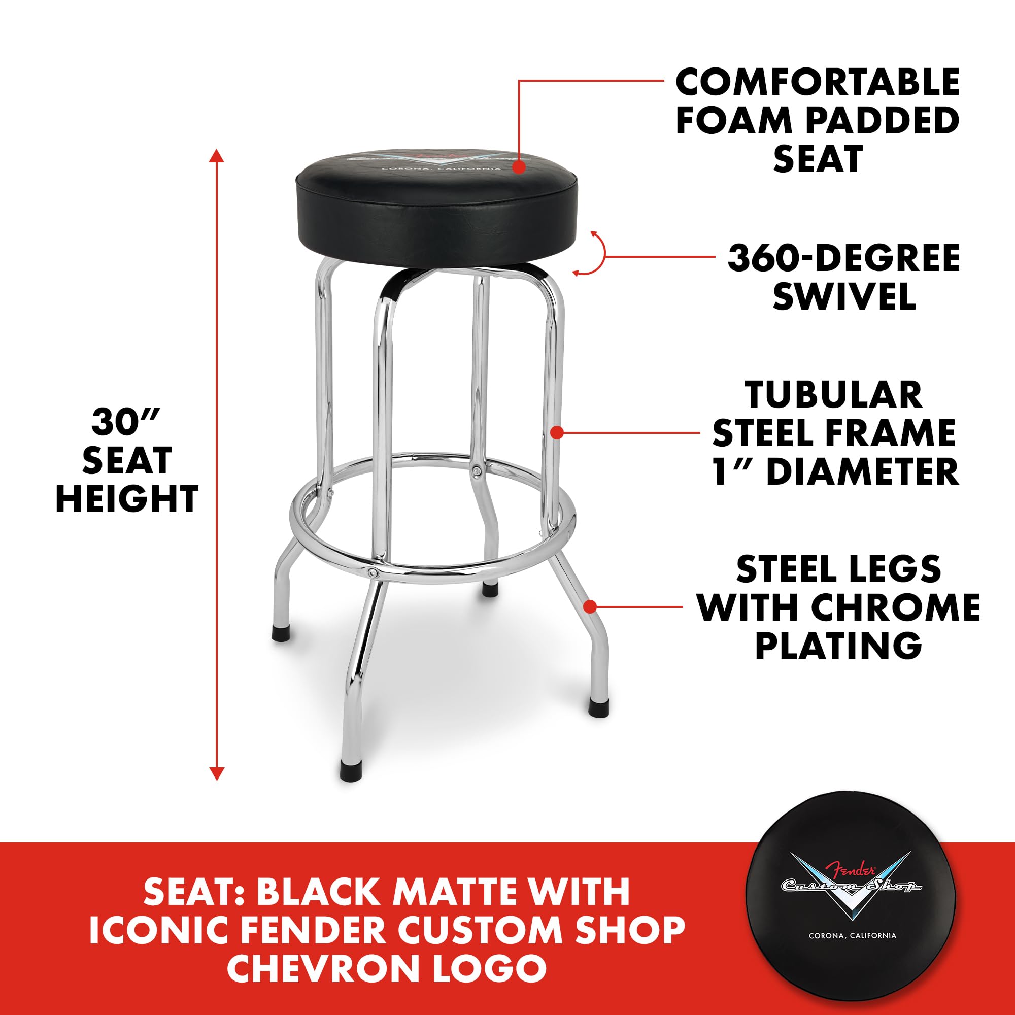 Fender Custom Shop Chevron Logo Barstool, Padded Swivel Seat, 30 In