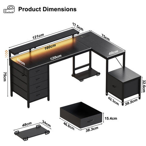 JUMMICO Corner Desk with Cabinet, Reversible L Shaped Computer Desk with Power Outlet and USB Ports, LED Lights and Hooks