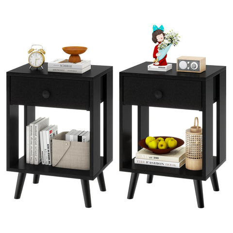 YMYNY Set of 2 Side Tables, Bedside Table, Sofa End Table, with Fabric Drawers and Open Shelf Unit, Solid Wood Legs, Nightstand, for Bedroom