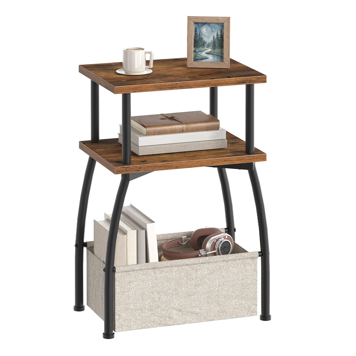HOOBRO Narrow Side Table, 3-Tier Small Table with Linen Storage Basket, Sofa Side Tables for Small Space