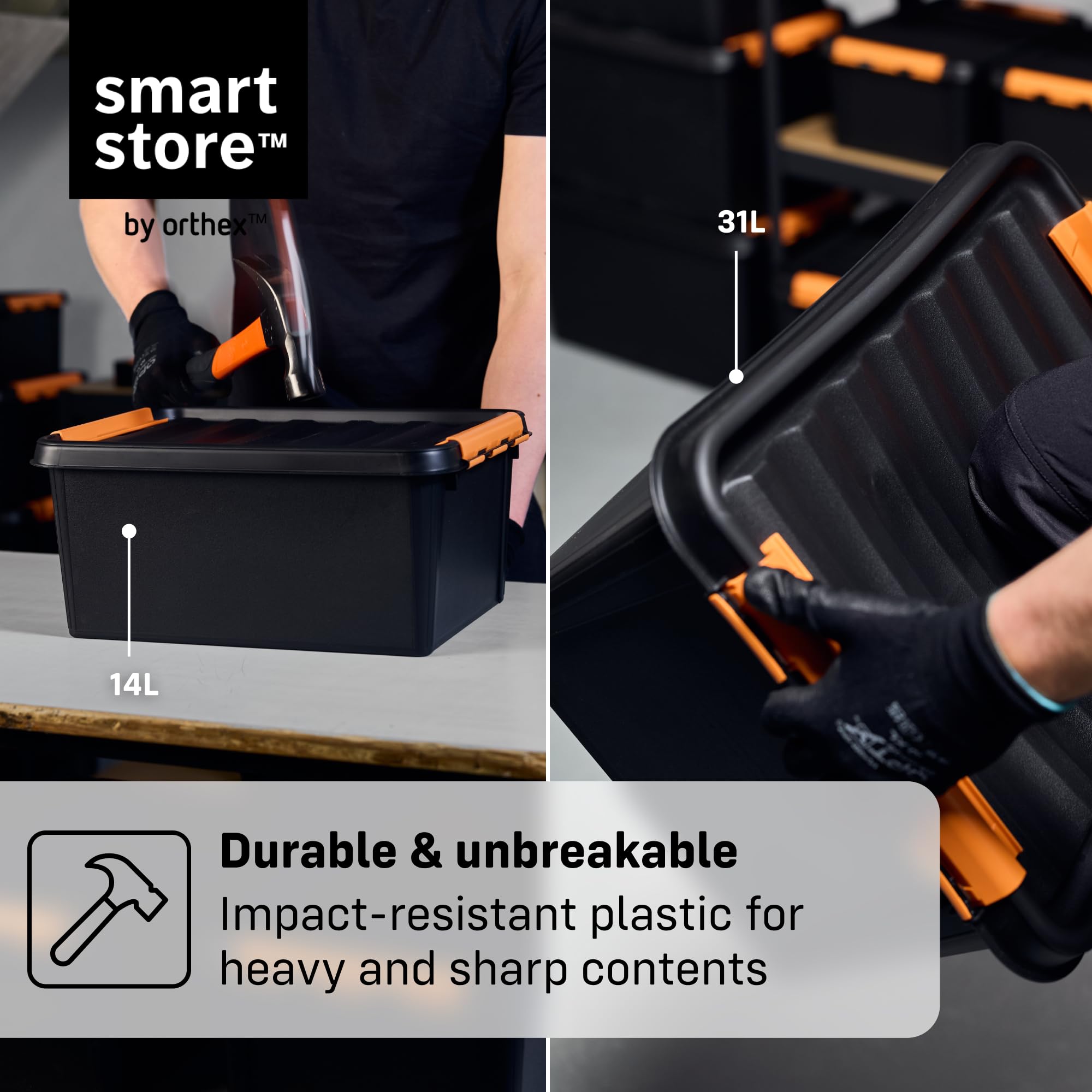 SmartStore extra-durable plastic storage boxes with lids | 14 L | 10-pack | Stackable bins with clip locks for tools, garage, or moving | BPA-free